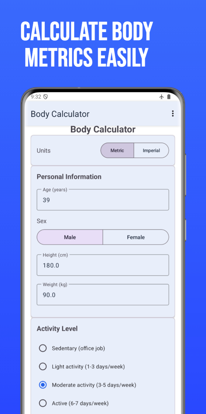 Body Calculator Pro - Main Screen